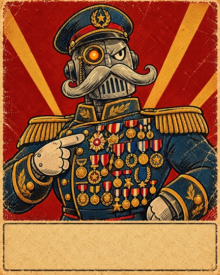 Character card: Major Disaster, a moustached tin general pointing at his chest full of medals