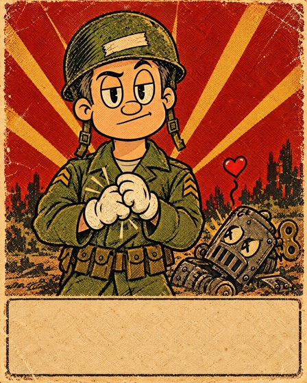 Character card: Corporal Punishment, a small soldier in a helmet cracking his knuckles while a tin robot cowers behind him