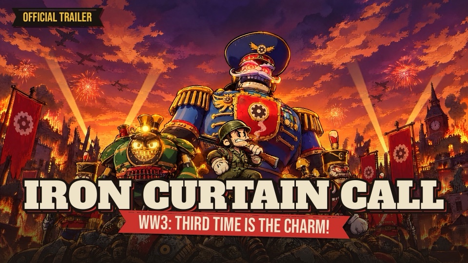 Key art: the giant tin general Major Disaster looms over a burning town while the small Corporal stands at his feet with a shotgun; the title sits across the bottom