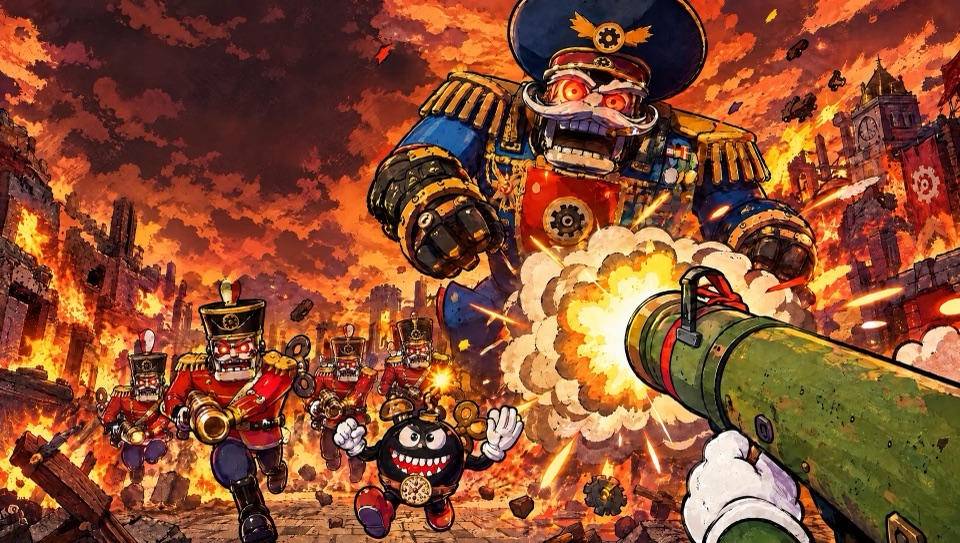 Key art without text: Major Disaster looming over the burning town as a white-gloved hand fires a bazooka