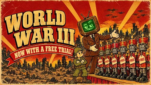 Poster: World War III, now with a free trial. The Chancellor, a television-headed figure in a suit, presents a row of tin soldiers wearing FREE tags while the Corporal looks on