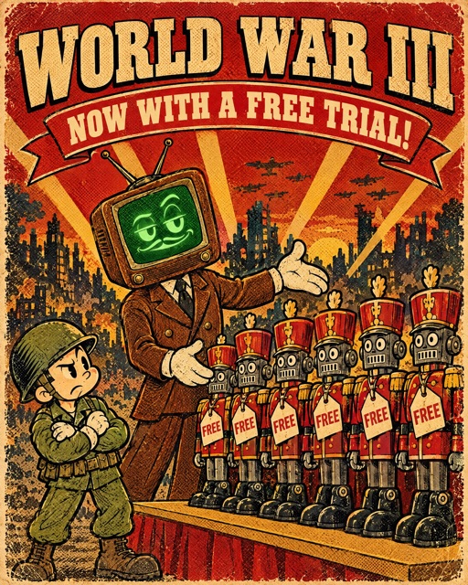 Poster: World War III, now with a free trial, portrait version