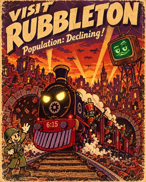 Travel poster: Visit Rubbleton, population declining. The 6:15 express, a grinning locomotive, bursts out of a tunnel under a burning skyline while the Corporal waves